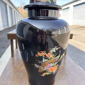 Large Vintage Black Floral Ceramic Vase